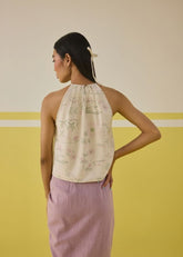 A Model Wearing Multicolor Handwoven cotton Garden Of Joy Kala Cotton Halter Neck Top, curated by Only Ethikal